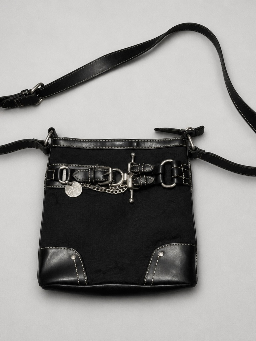 CHAPS Black Crossbody Bag with Buckle & Chain Detail
